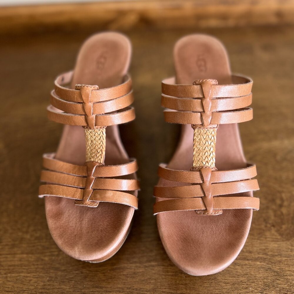 UGG Australia Tan Leather Strappy/Weave Wedge Heel Slide Sandal Women’s Size 7.5